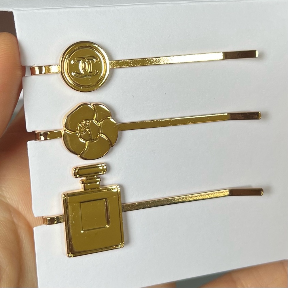 CHANEL Gold Hair Clip Trio 3 PCS